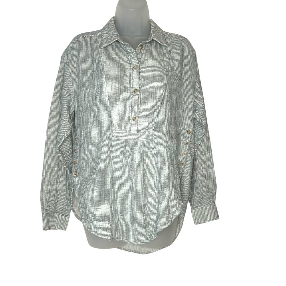 ANTHROPOLOGIE Size S Gray Gauzy Cotton V‎ Neck Side Button Popover Shirt Blouse.